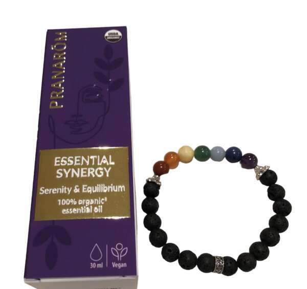 Chakra Balancing Essential Synergy Wellbeing Oil and Chakra Diffuser Bracelet Set