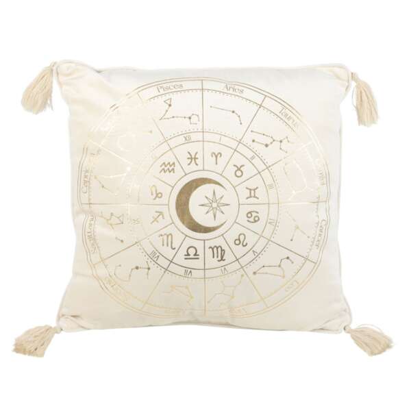White & Gold Astrology Wheel Pillow with Tassels