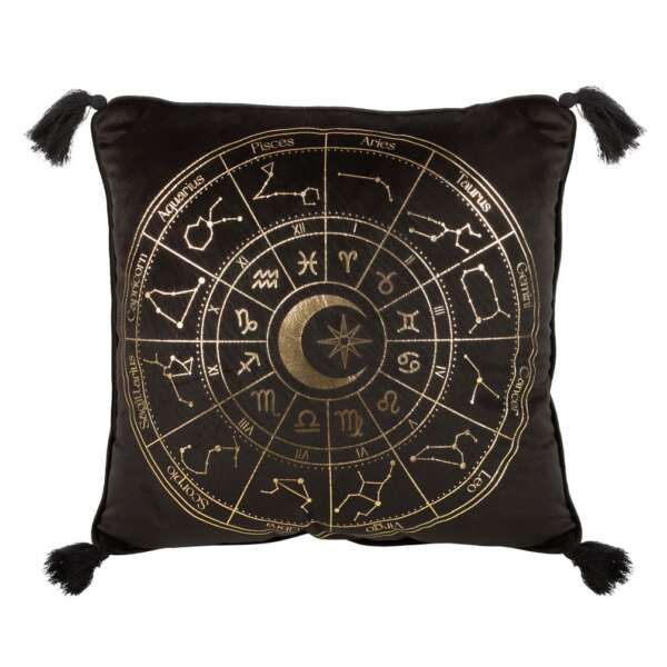 Black & Gold Astrology Wheel Pillow with Tassels